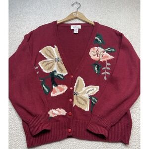 Worthington Petite Burgundy Floral Embroidered Button Front Cardigan Sweater